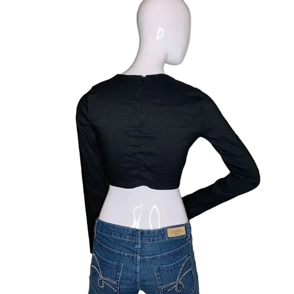 Zara Crop Top Long Sleeve Black Size M V-Neck Two Hidden Zippers